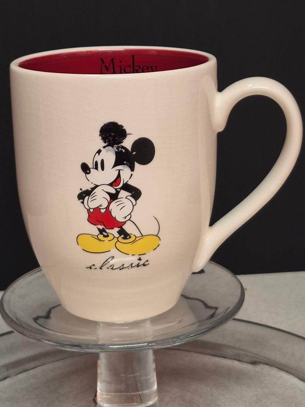 Mickey Mouse Ceramic Mug Red Interior with Glass Pedestal Base